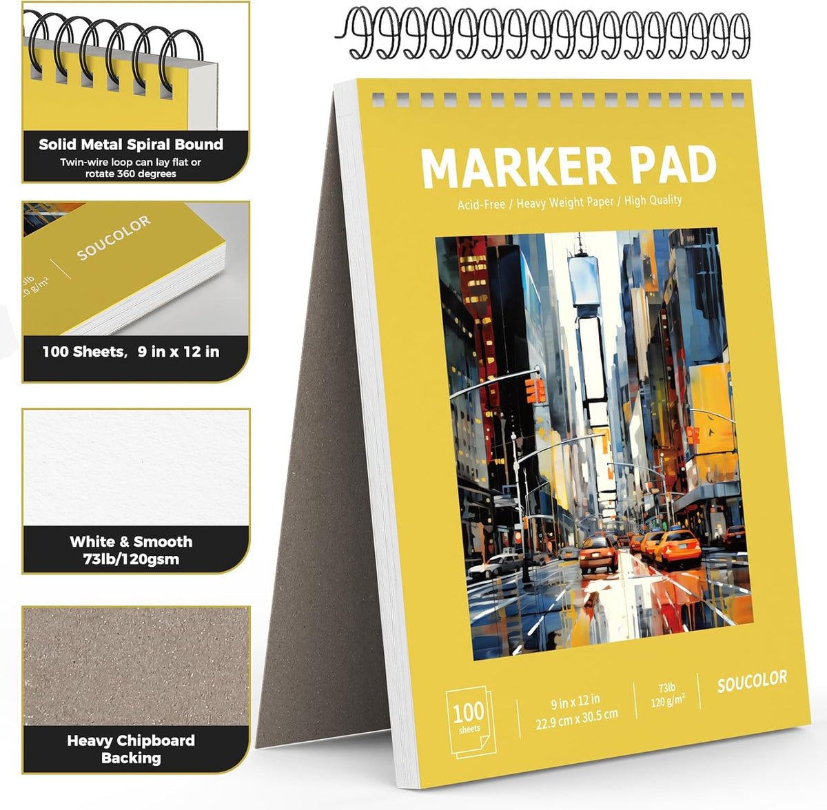 Soucolor 100 Sheets Marker Paper Pad, 9"x12" Bleedproof Art Sketch Pad, 73lb/120gsm Drawing Paper