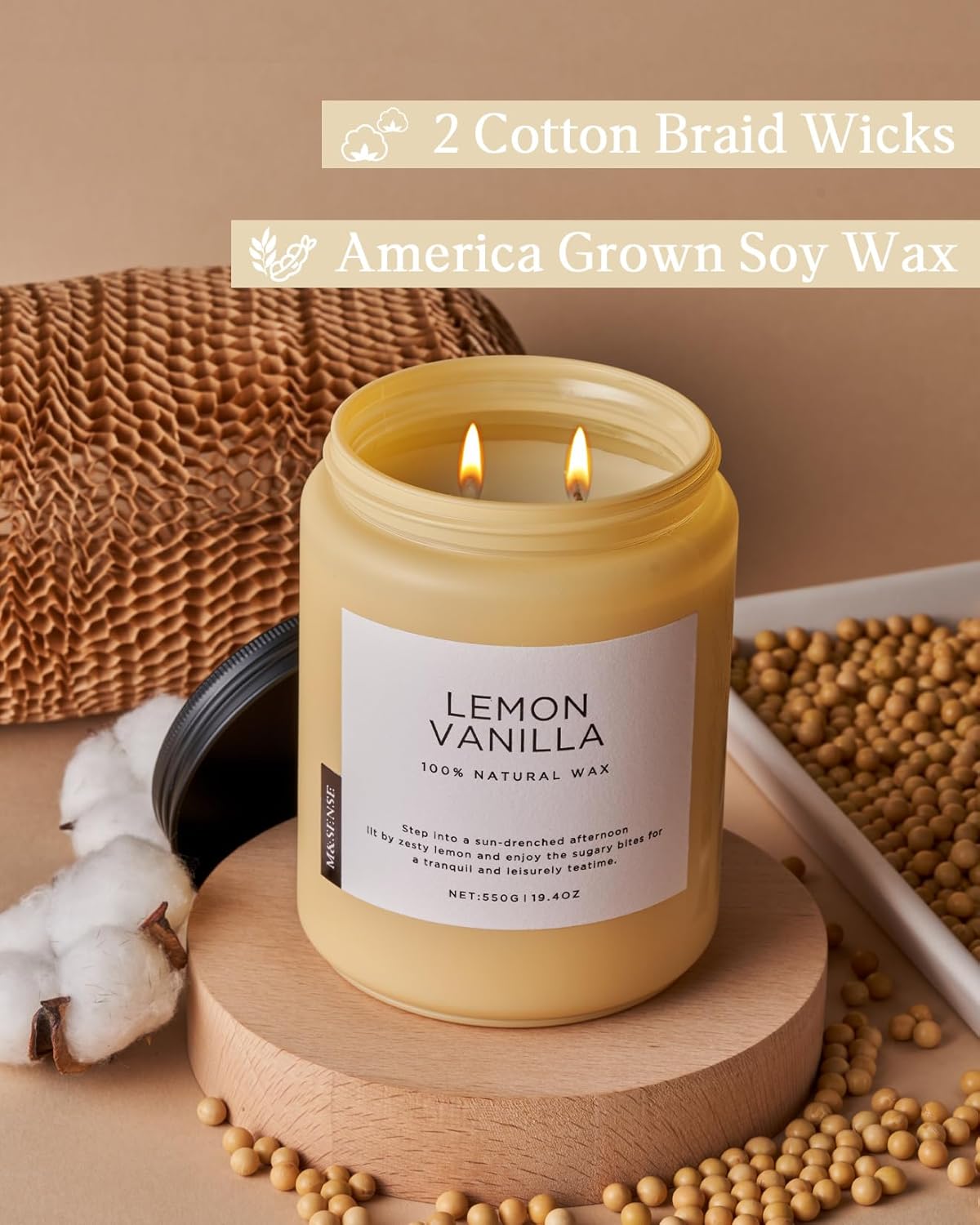 M&SENSE Candles Lemon Vanilla Scented, 19.4oz 110 Hours Long Lasting for Home 2 Wick Natural Soy