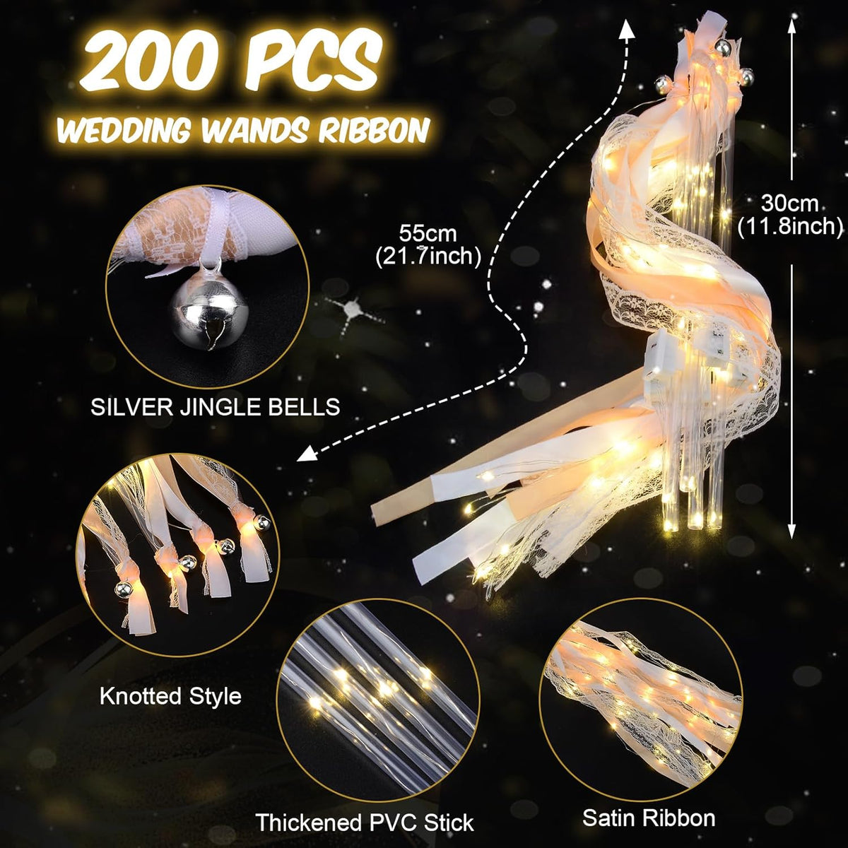 200 PCS Wedding Wands with Lights,Fairy Wands, LED Silk Fairy Wand with Bells for Wedding Send Off