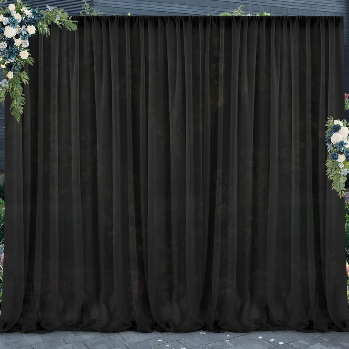 PARTISKY 10ftx7ft Black Chiffon Backdrop Curtains, Wrinkle-Free Sheer Fabric Photo Drapes for