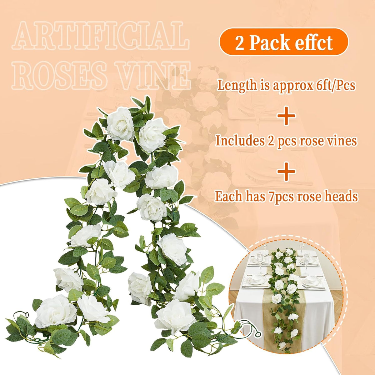 White Artificial Rose Garlands Rose Vines Leaves Banners Hanging Floral Garland Fake Rose Flower