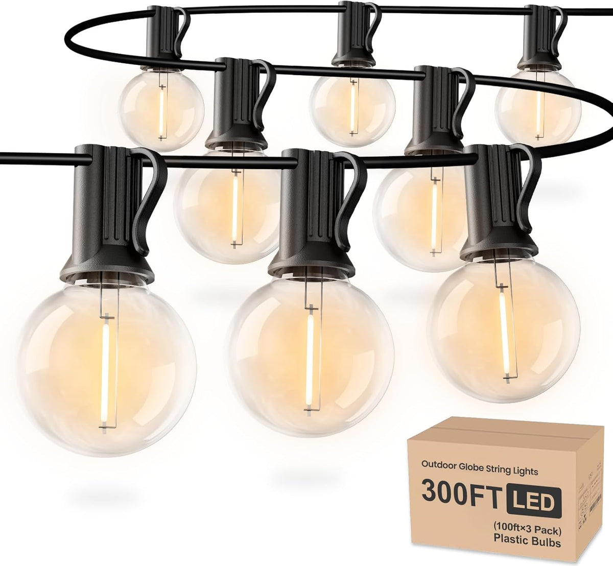 RTTY Outdoor String Lights 300ft, 3 Pack 100ft G40 Led Patio Globe Lights with 52pcs