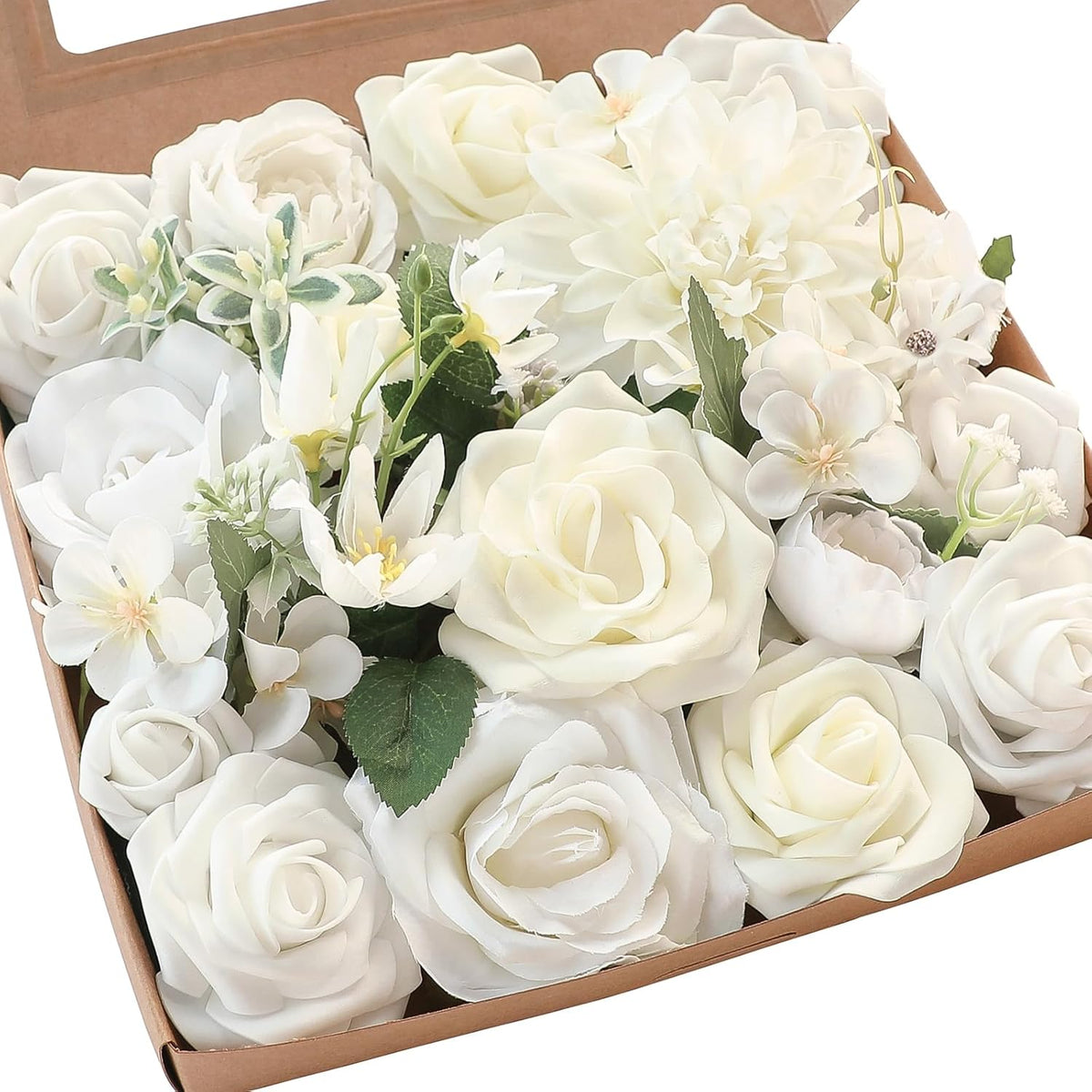 Floroom Ivory White Artificial Flowers Fake Roses Peonies Dahlia and Greenery Combo Box Set for DIY