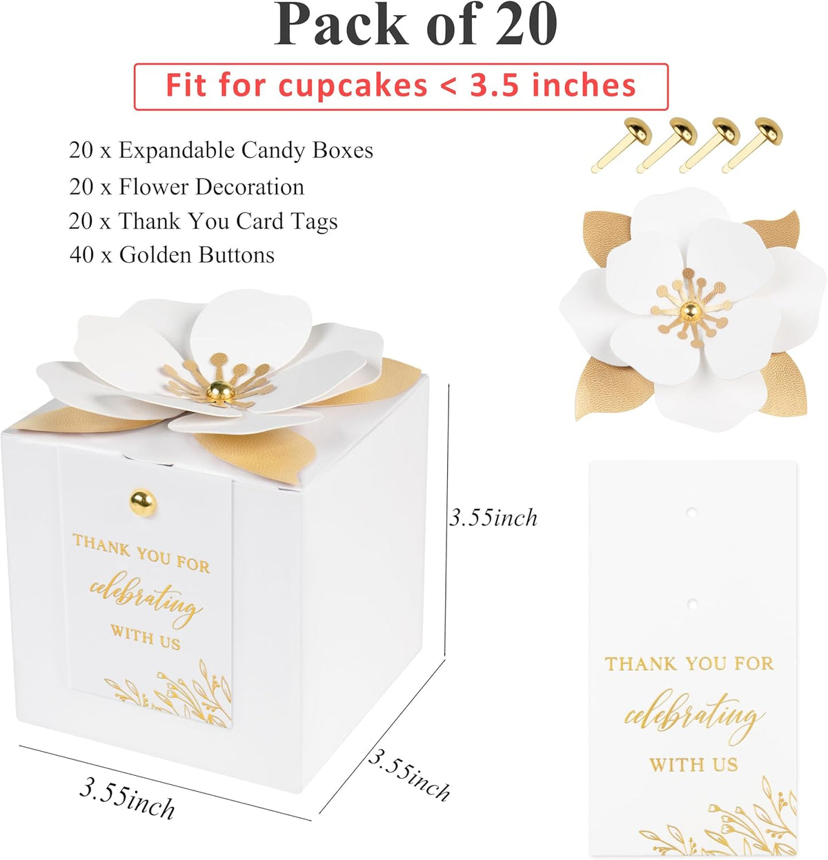 FEIYI 20 PCS White Gift Boxes, 3 In 1 Favor Boxes with Floral Decor, White Thank You Tags Cupcake