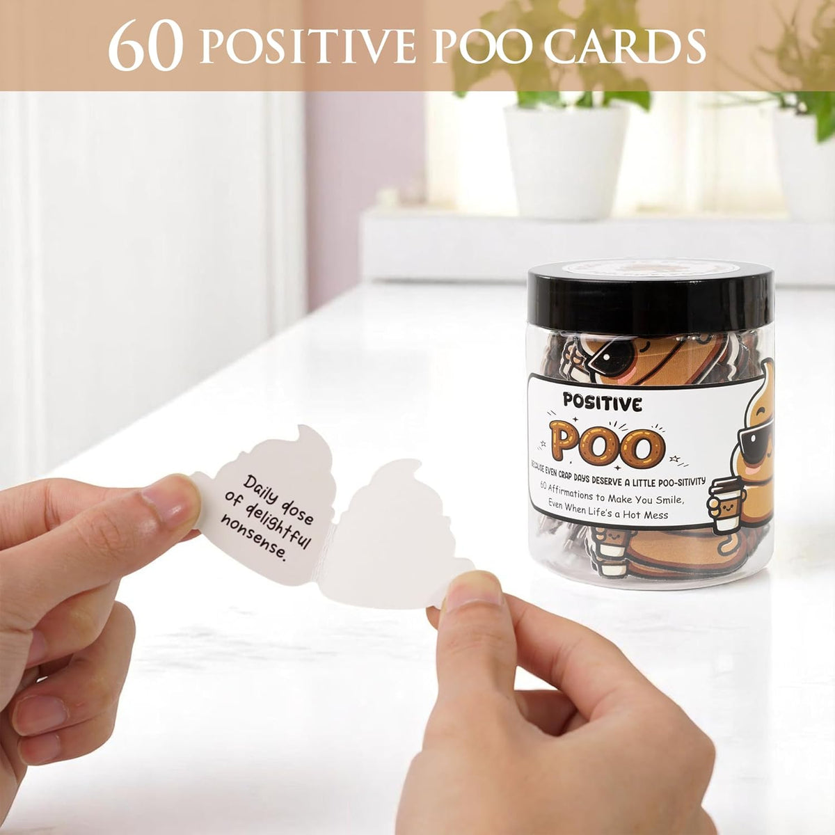 Positive Poo Jar – 60 Funny Affirmation Cards, Gag Gifts for Men, Women, Coworkers, Teens, Tween