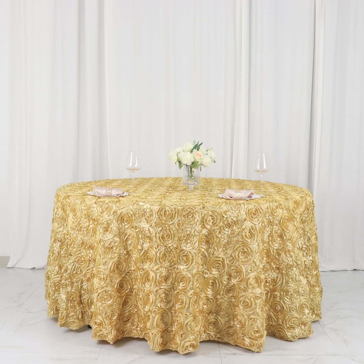 Efavormart 120" Wholesale Round Table Cover Champagne Grandiose Rosette 3D Satin Tablecloth for