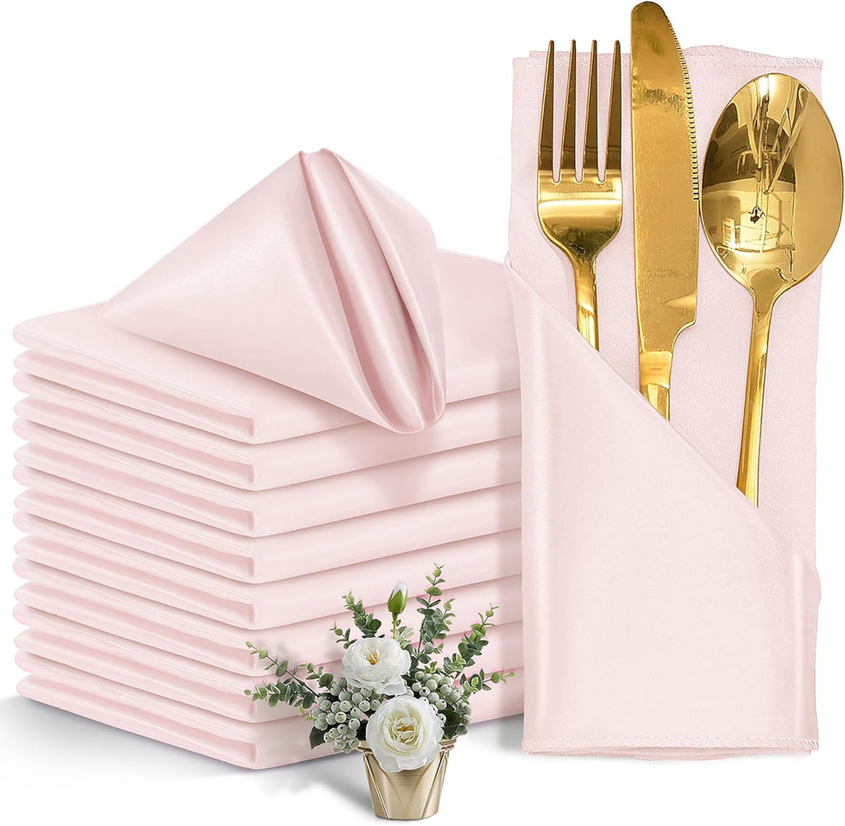 12 Pieces Light Pink Satin Napkins, 17" x 17" Square Table Napkins, Silky Soft Smooth Washable