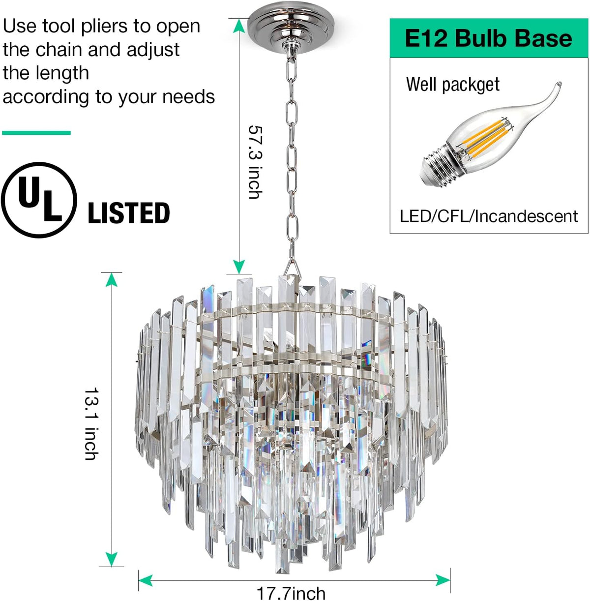 Chrome Crystal Chandelier Lighting 17.7'' for Dining Rooms Bedroom Foyer Entryway Ceiling Hanging