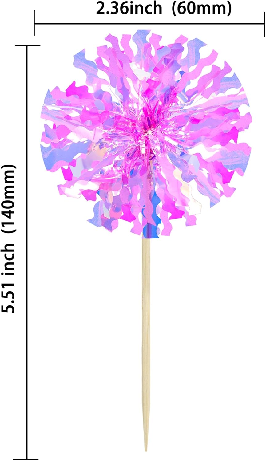 Ephlyn 30Pcs Foil Firework Cupcake Toppers Happy Birthday Cake Toppers Tinsel Flower Drink Stirrers