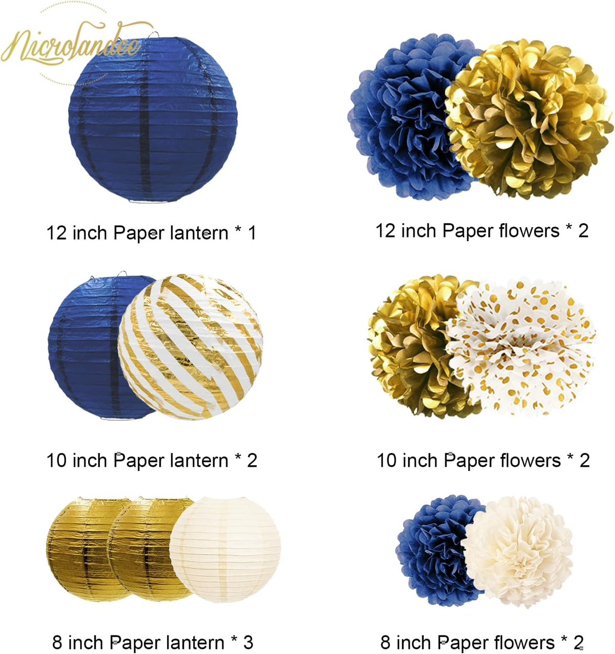NICROLANDEE Navy Blue and Gold Decorations, 12PCS Hanging Paper Lanterns Tissue Pom Poms Decor for