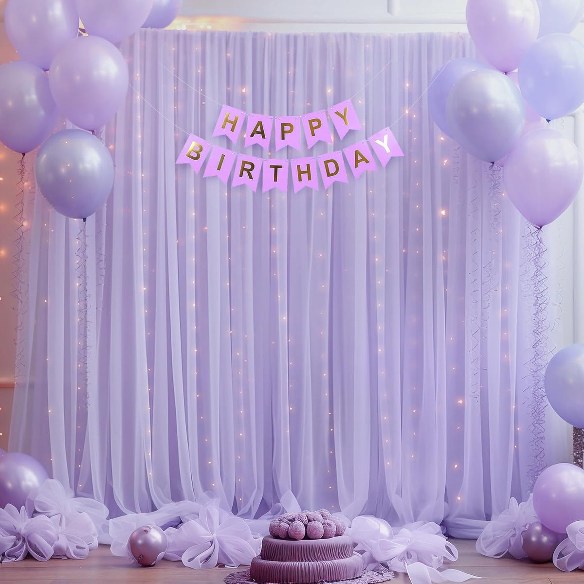10x10ft Purple Tulle Backdrop Curtain with Lights String for Parites, Sheer Photo Backdrop Curtains