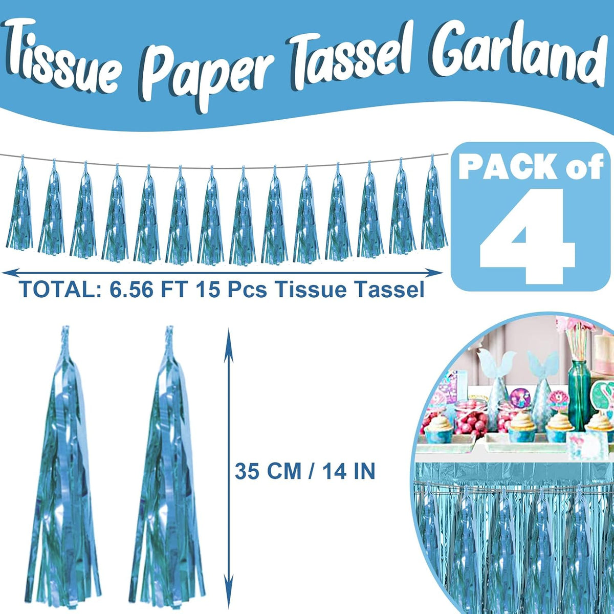 4P Light Blue Foil Fringe Metallic Streamers Banner Tassel Garland for Parade Floats, Bachelorette