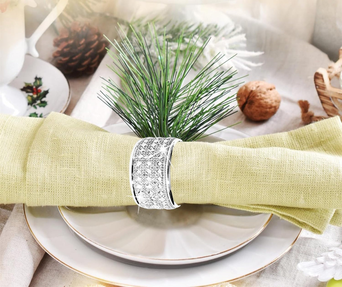 Silver Diamond Napkin Ring Set of 24 Rhinestone Crystal Glass Framed Napkin Holder for Table