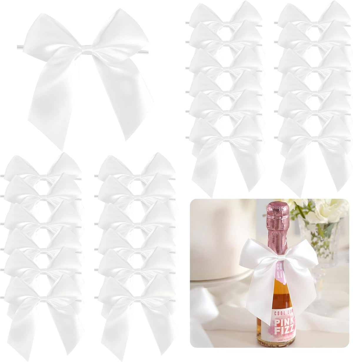 4.5" Satin Ribbon White Bows for Gift Wrapping, Twist Tie Bows, Cute Bows for Crafts, Party Favors