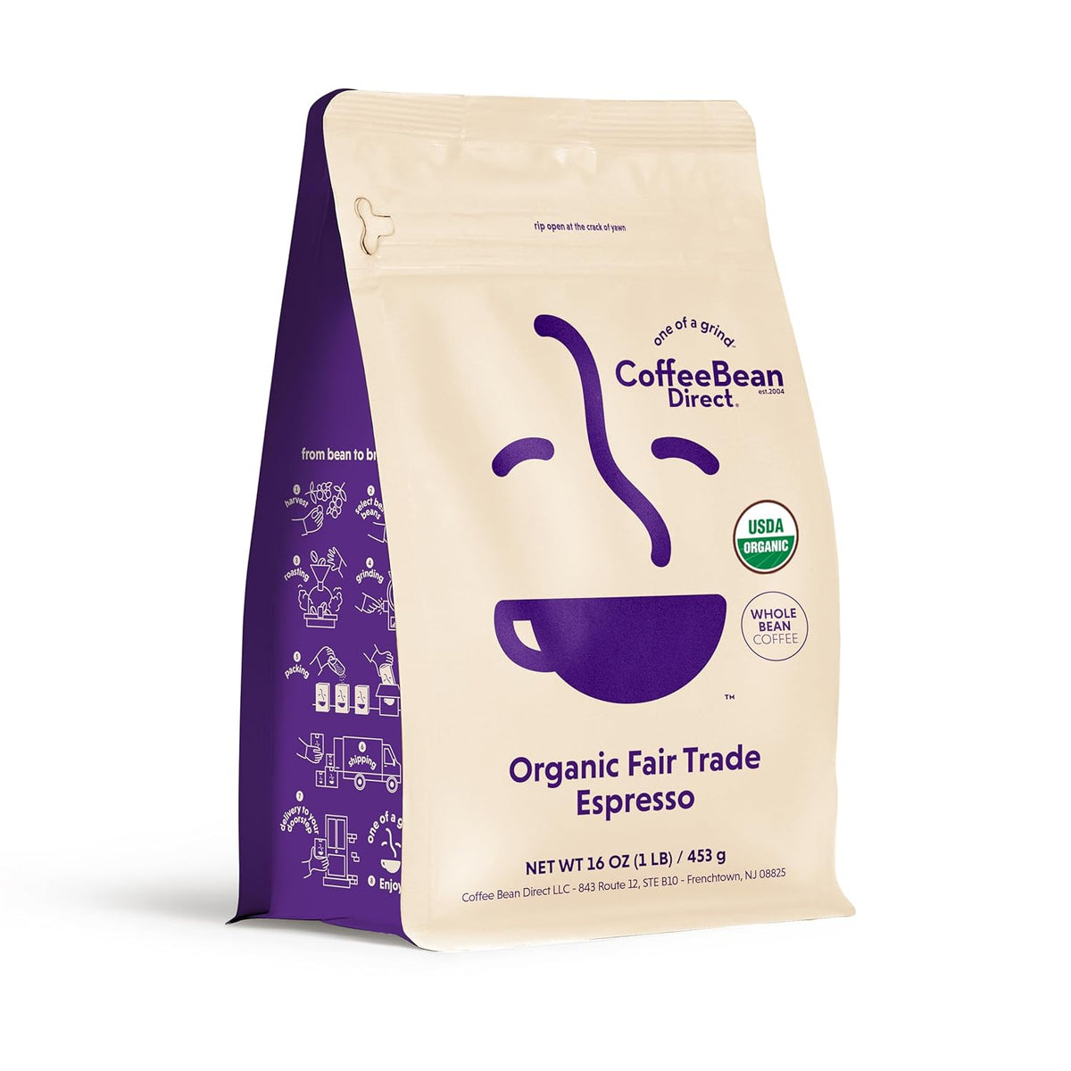 Coffee Bean Direct Organic Fair Trade Espresso Blend, Whole Bean Coffee, Dark Roast, 1 Pound Bag