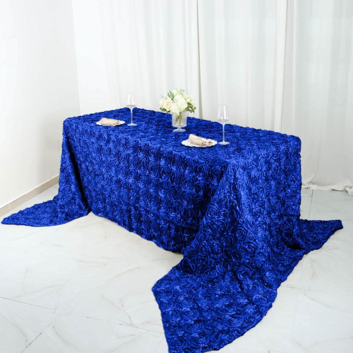 Efavormart 90"x156" Wholesale Rectangle Table Cover Royal Blue Grandiose Rosette 3D Satin