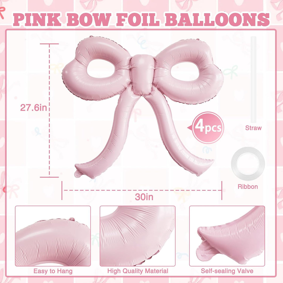 4 Pcs Light Pink Bow Balloons Bow Party Decorations for Girl Women Bow Birthday Decorations Giant
