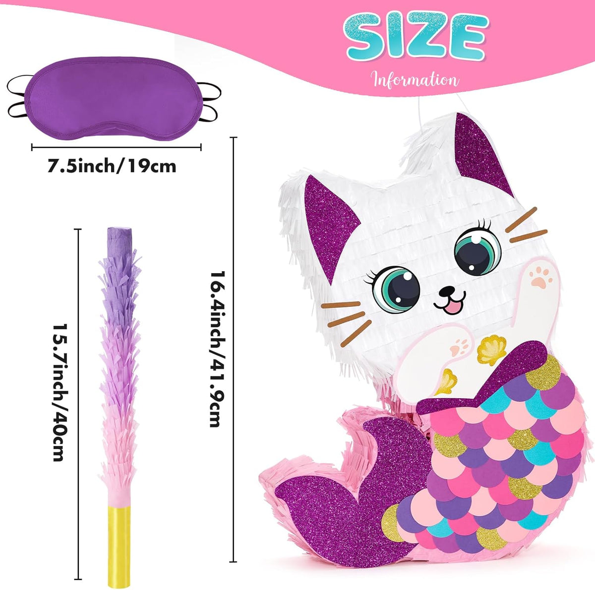 WERNNSAI Cat Piñata - Kitten Mermaid Birthday Party Decorations Kids Mermaid Pinata with Blindfold