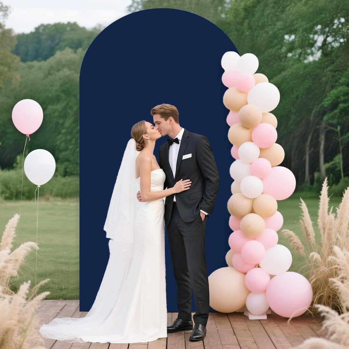 FUHSY 7.2 FT Wedding Arch Backdrop Stand and Navy Blue Arch Cover Set Metal Arch Stand Cover