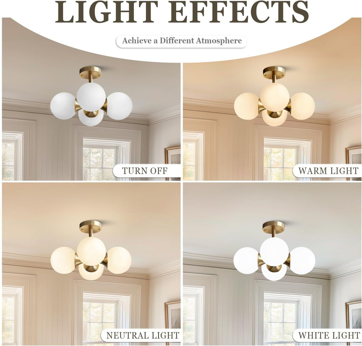 KCO Lighting Antique Brass 4-Light Ceiling Light Mid-Century Frosted Glass Globe Chandelier Modern
