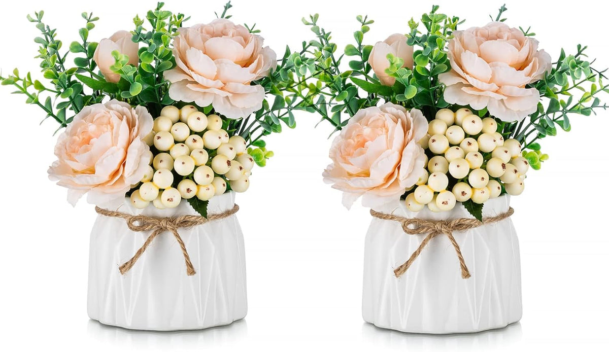 BLOSMON Table Decor Artificial Flowers Vase 7 Inch Small Fake Champagne Flower Arrangement 2pcs