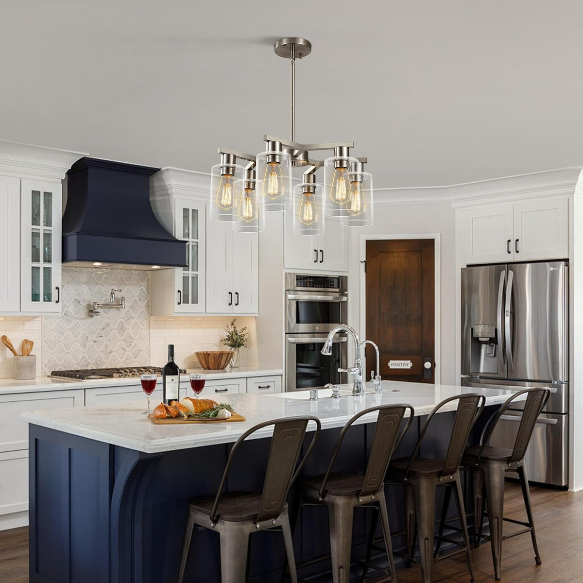6-Light Modern Farmhouse Brushed Nickel Chandelier, Dining Room Light Fixture Over Table Adjustable