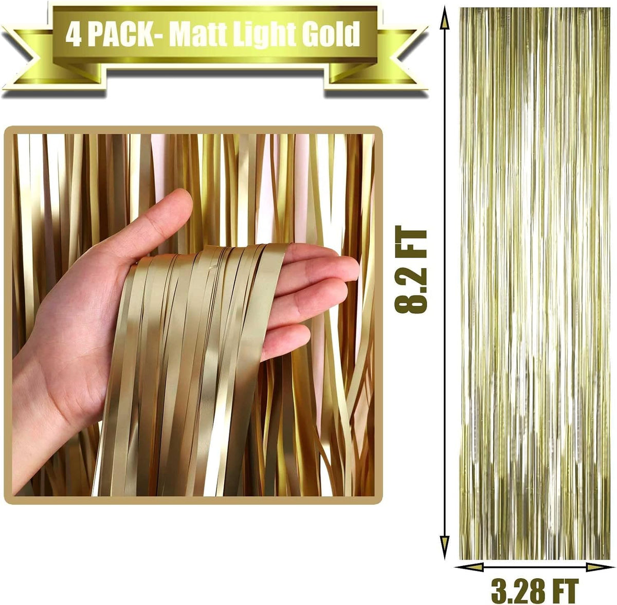 4 Pack Light Gold Foil Fringe Curtain Backdrop, 3.28Ft x 8.2Ft Metallic Tinsel Foil Fringe Streamer