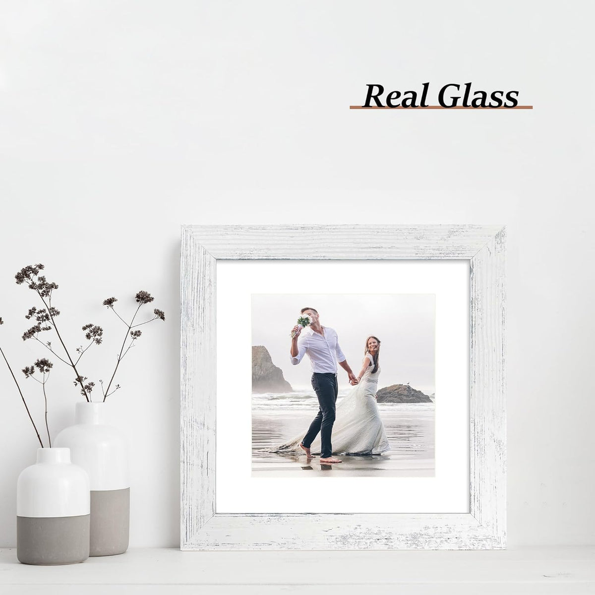 8x8 Picture Frames Set of 4 with Real Glass, Distressed White Frame Display 6x6 Pictures with Mat