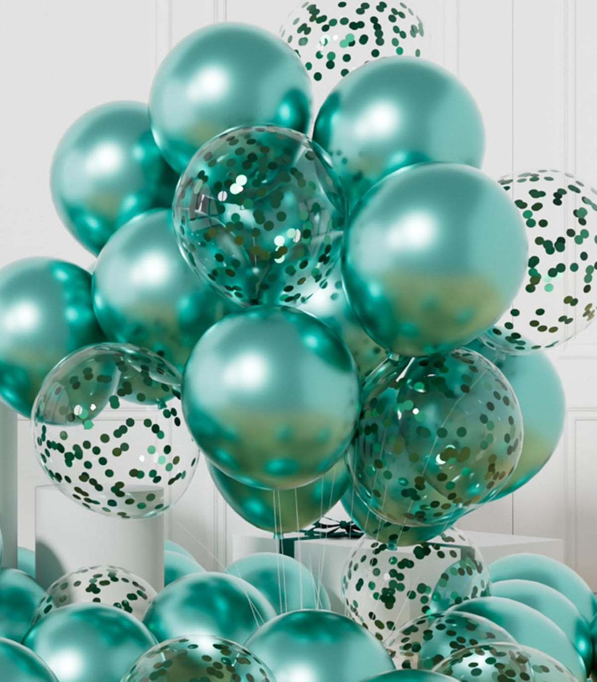 AULE Party Balloons Pack of 42 - Metallic Green Balloons & Confetti Balloons and 64ft Ribbons - 12