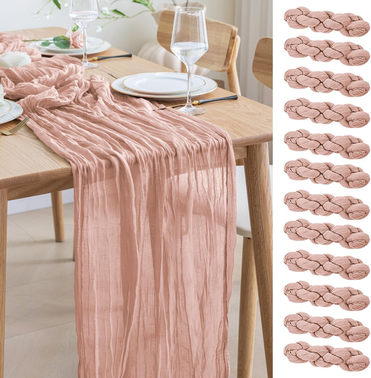 Asee'm 12pcs Cheesecloth Table Runner 120 Inches Dusty Pink Boho Gauze Cheese Cloth Runner 10FT