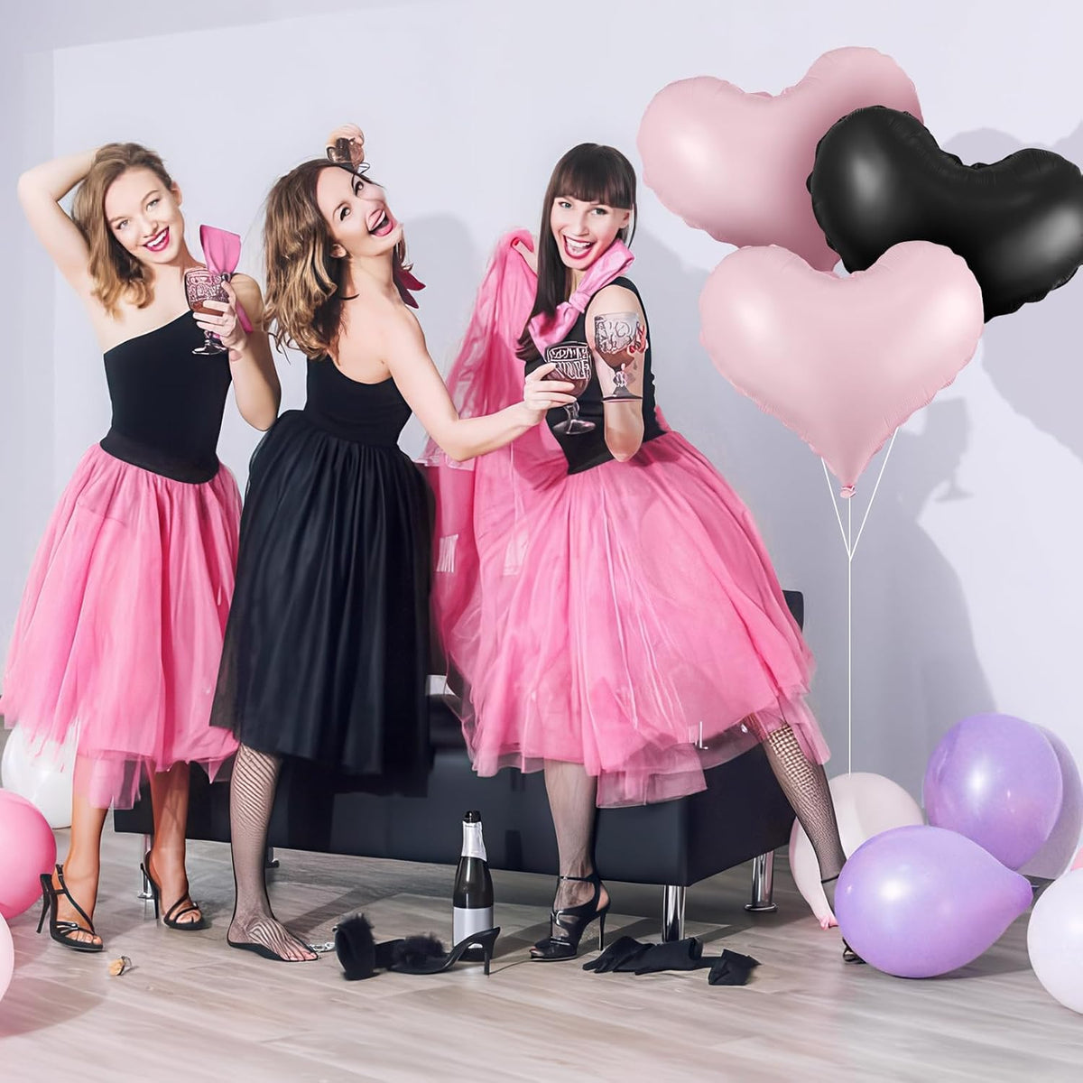 Pink Black Heart Balloons,24Inch Large Pink Black Heart Foil Balloons for Valentine's Day Birthday