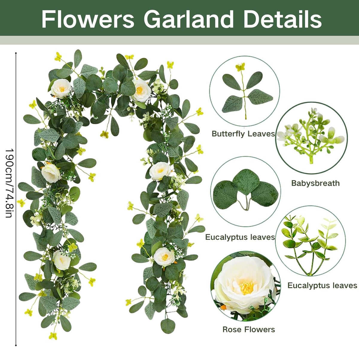 ASTRYAS 2 Pack 6.23Ft Artificial Eucalyptus Garland with Flowers, Fake Rose Garland Greenery