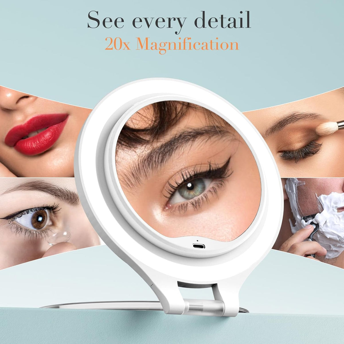 Magnifying Mirror with Light 20X/1X, Double Sided Travel Mirror with Light, Rechargeable Makeup