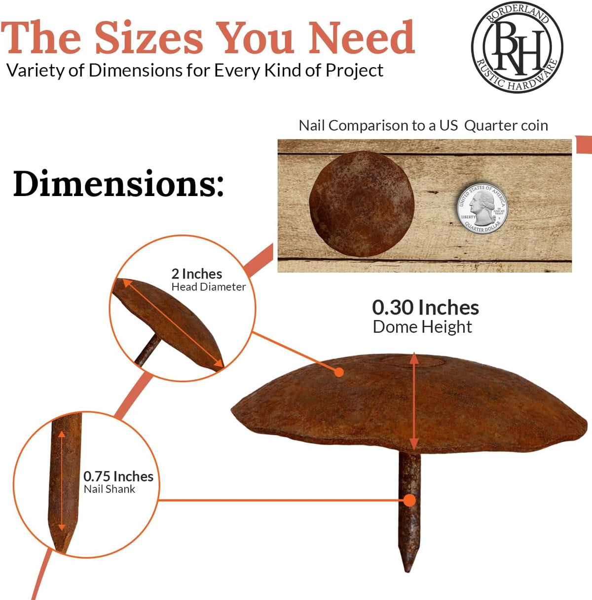 10 Pack 2" Round Head Iron Clavos Decorative Nails – Rusted – Handmade Rustic Round Fasteners for