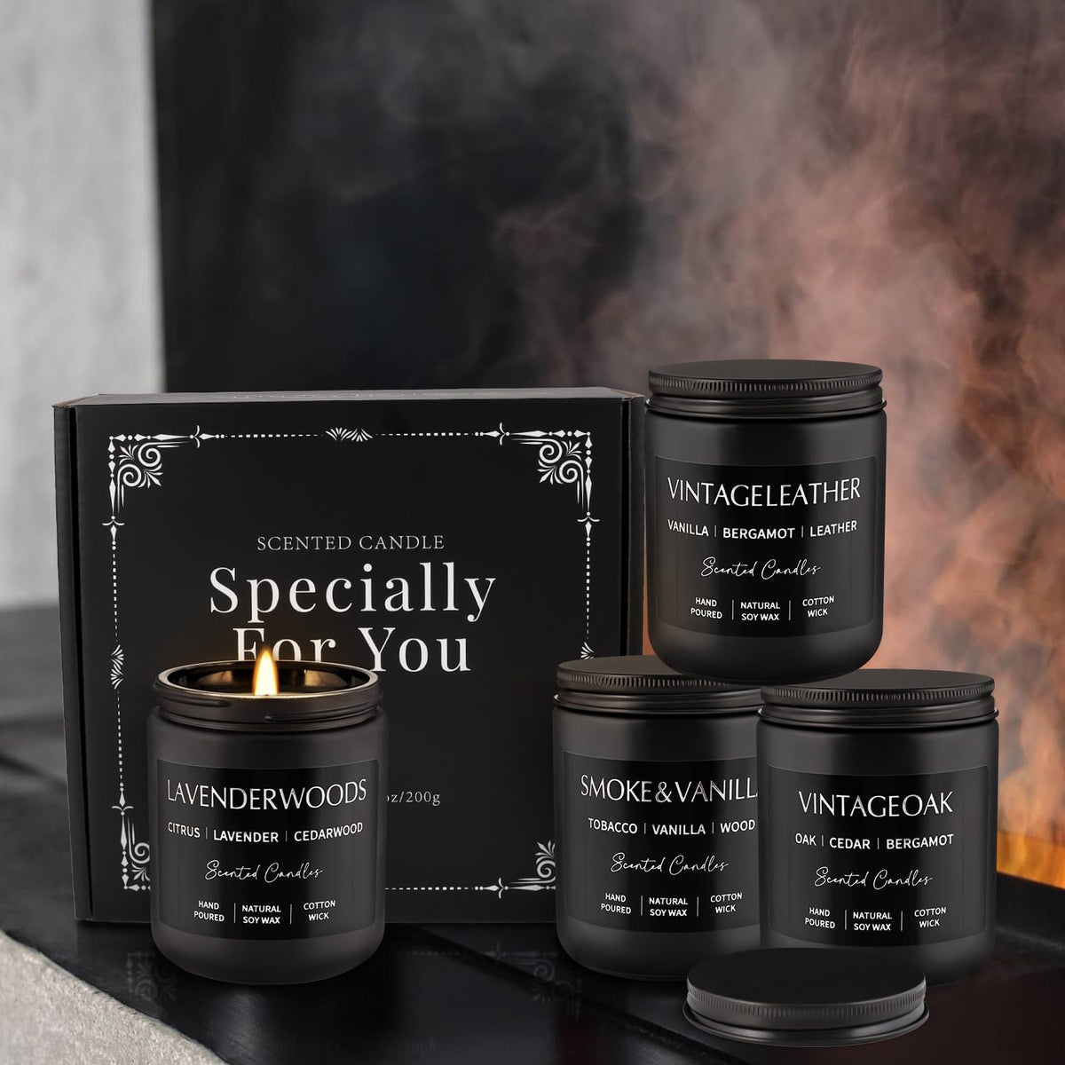 4Psc Scented Candles Set,7oz Gifts for Men Aromatherapy,Soy Candle of Smokeless - Leather & Smoke