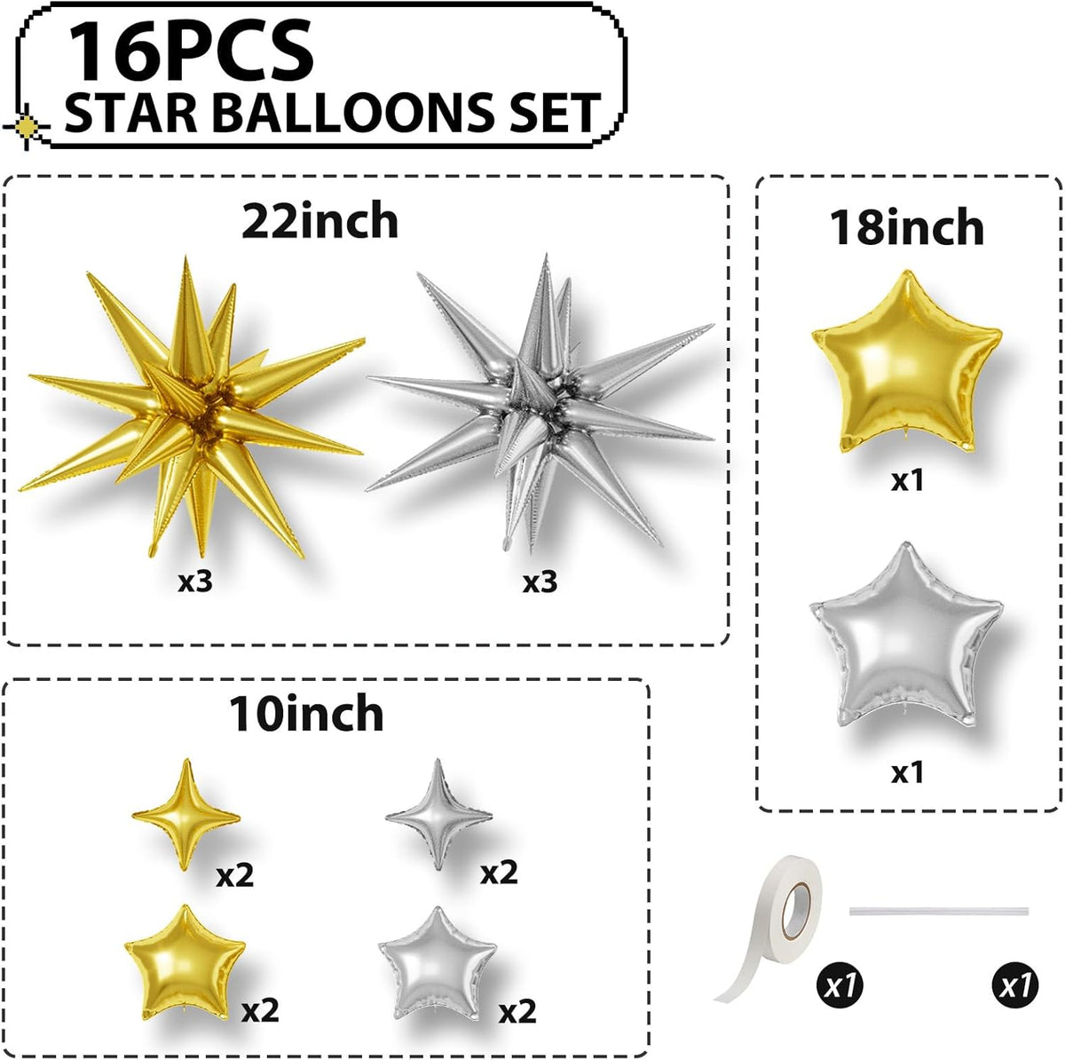 16 Pcs Gold Silver Star Balloons, 22/18/10 Inch Foil Balloons, Four-Pointed Balloon for Kids Men