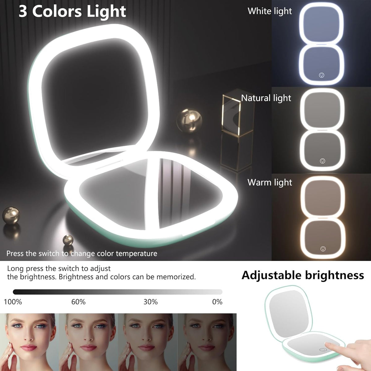 Portable Compact Mirror with Lights,15X Magnifying Pocket Mirror for Purse, Dual LED Travel Mirror