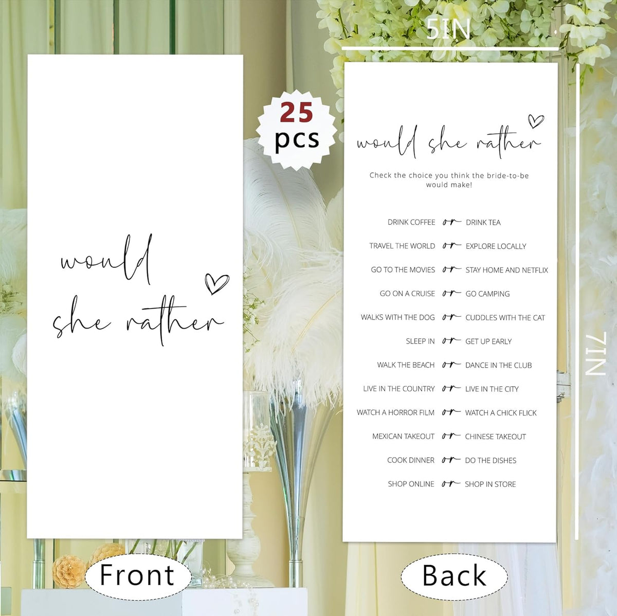 Bridal Shower Games, Would She Rather, 25Pcs 4x9inch Minimalist White Double-Sided Bridal Game