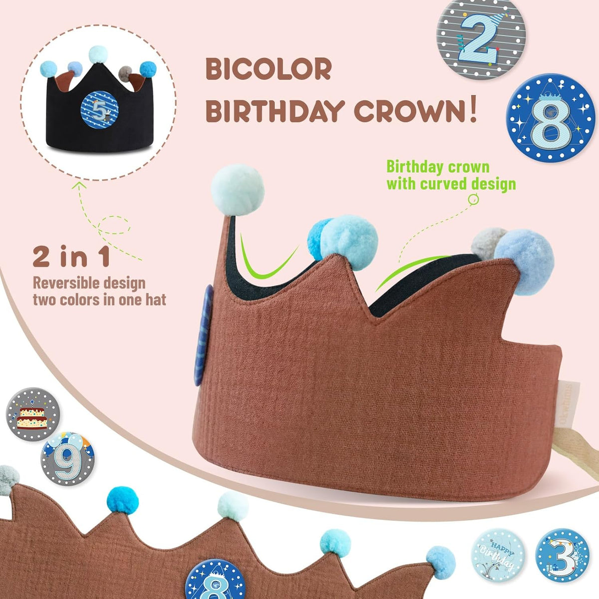 Reusable Birthday Crown with Numbers,Kids Birthday Hat Fabric Crown Pertain Kids Boy Toddler Girl