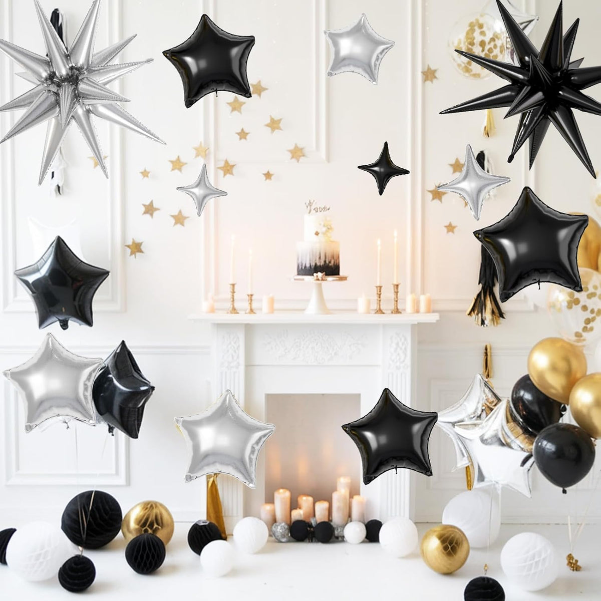 16 Pcs Black Silver Star Balloons,22/18/10 Inch Foil Balloons, Four-Pointed Balloon for Birthday