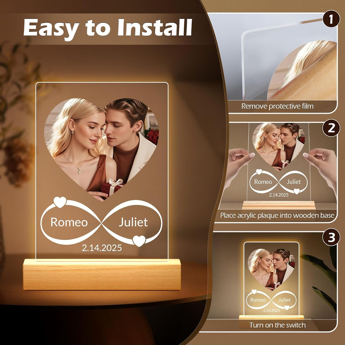 Custom Picture Frames with Photo, Personalized Photo Frame with Night Light, Customized Picture