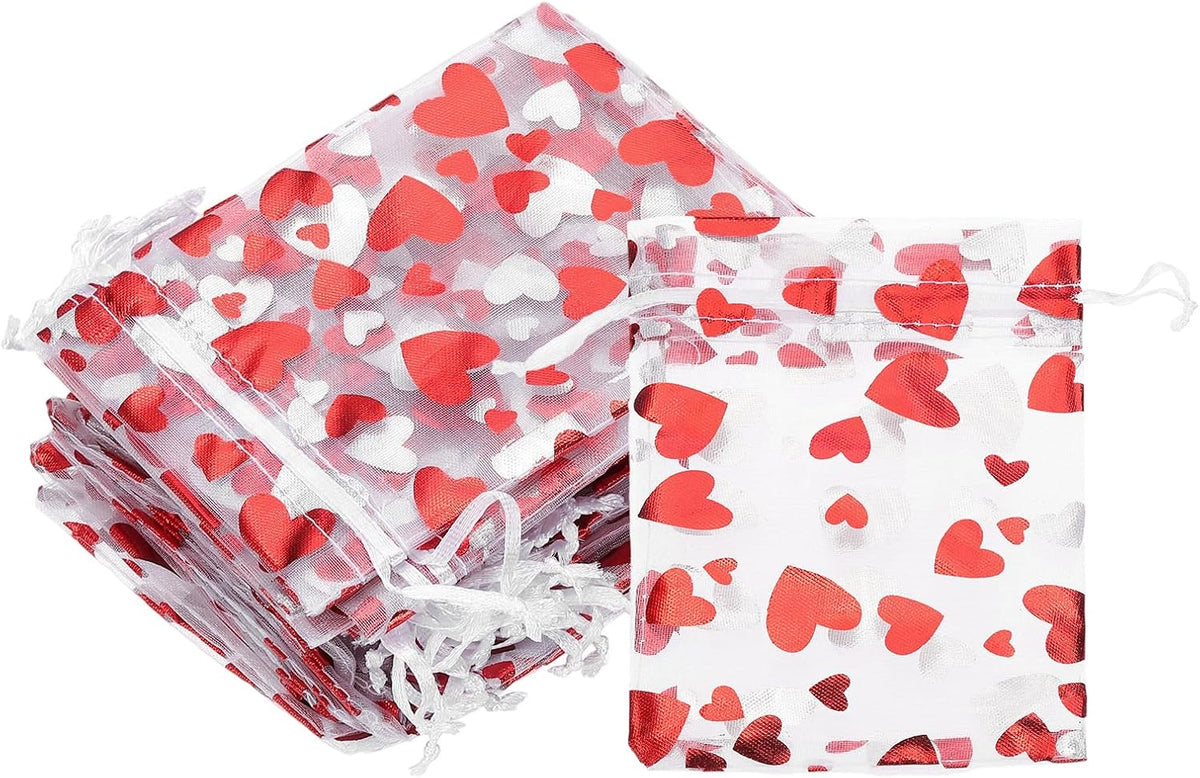 PATIKIL 50 Pcs 4x5 Inch Heart Printed Organza Bags, Red Sheer Heart Organza Bags with Drawstring