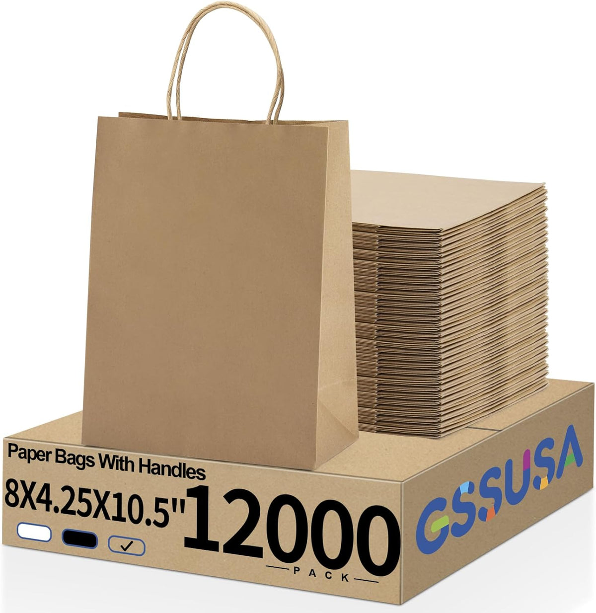 GSSUSA 12000 Pack 8x4.25x10 Inch Paper Bags with Handles Bulk, Brown Paper Gift Bags for Small