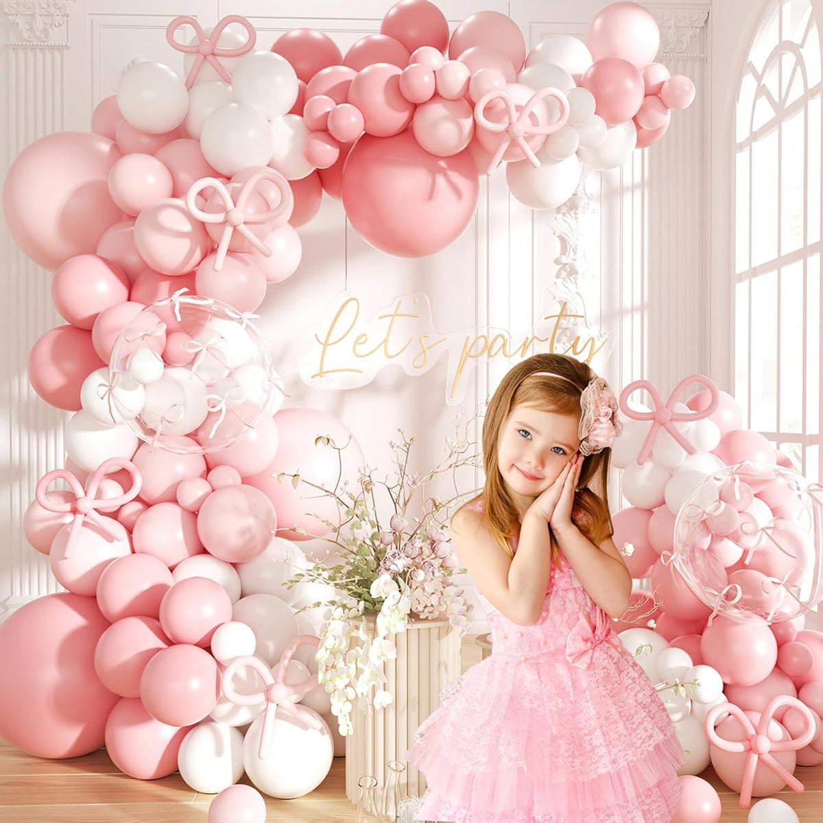 Pink Bow Balloons Garland Arch Kit,180Pcs Pink and White Balloons with Clear Balloon Wrap Bows for