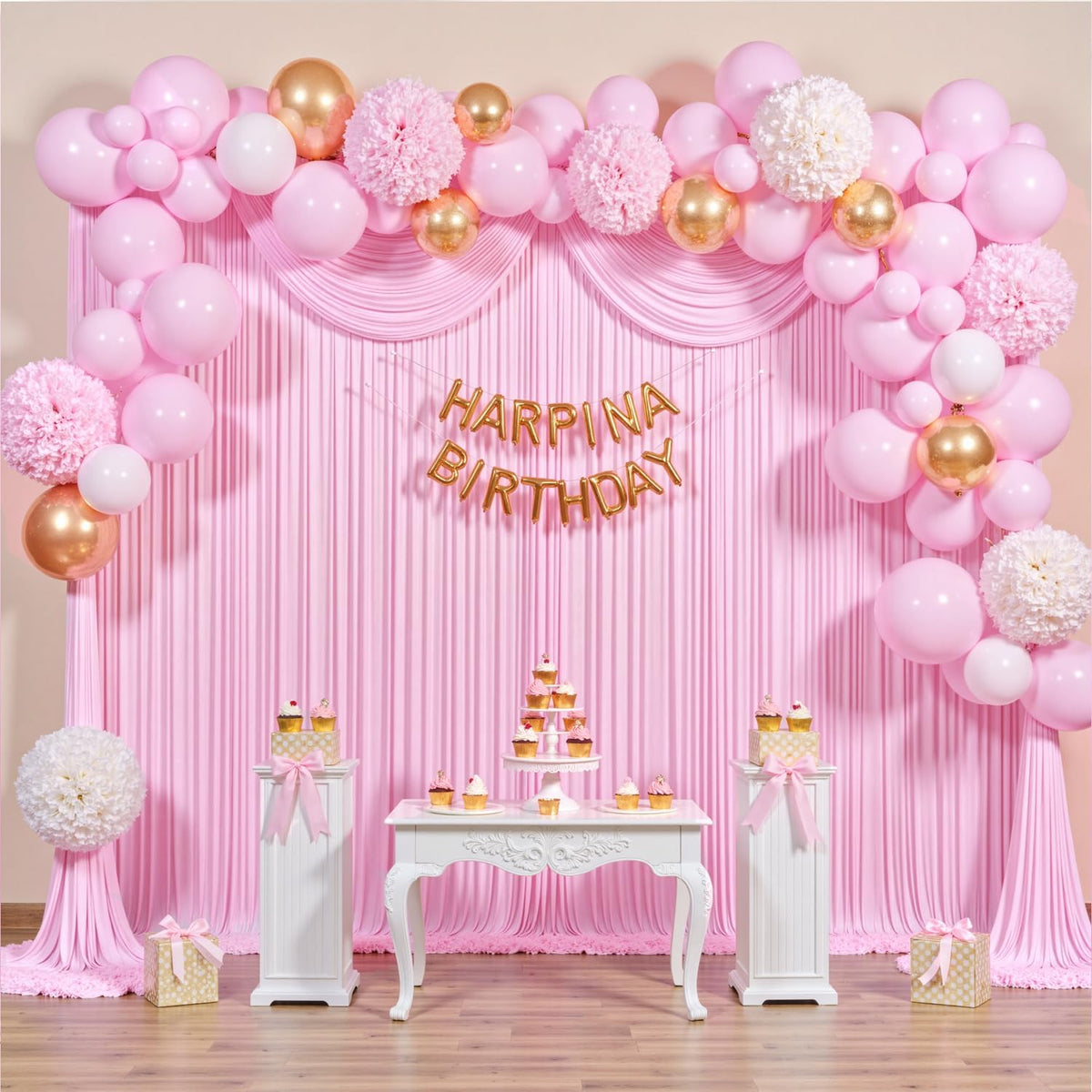 40 ft x 10 ft Wrinkle Free Baby Pink Backdrop Curtain for Parties, 8 Panels 5ftx10ft Polyester