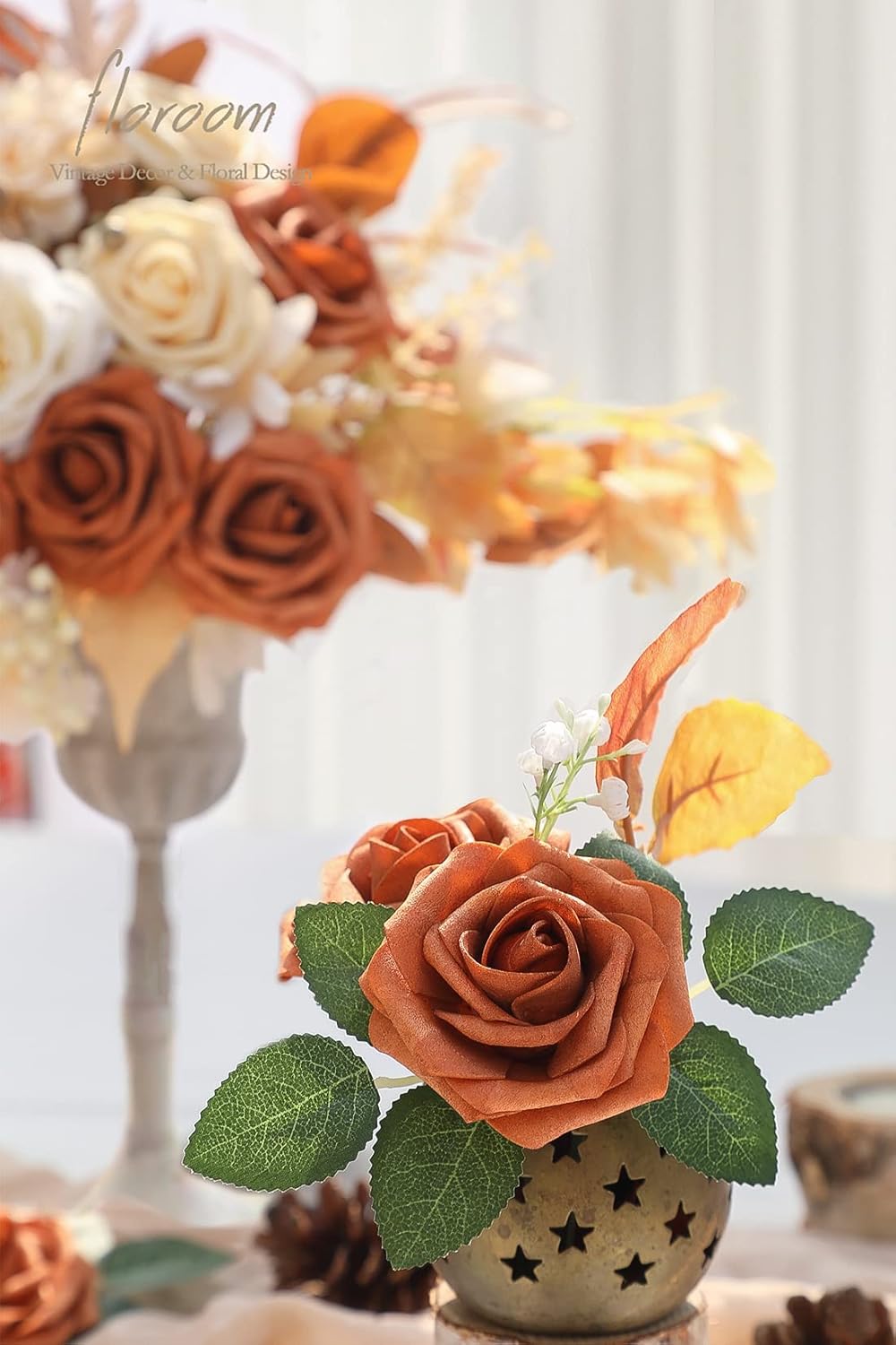 Floroom Artificial Flowers 25pcs Real Looking Burnt Orange Foam Fake Roses with Stems for DIY
