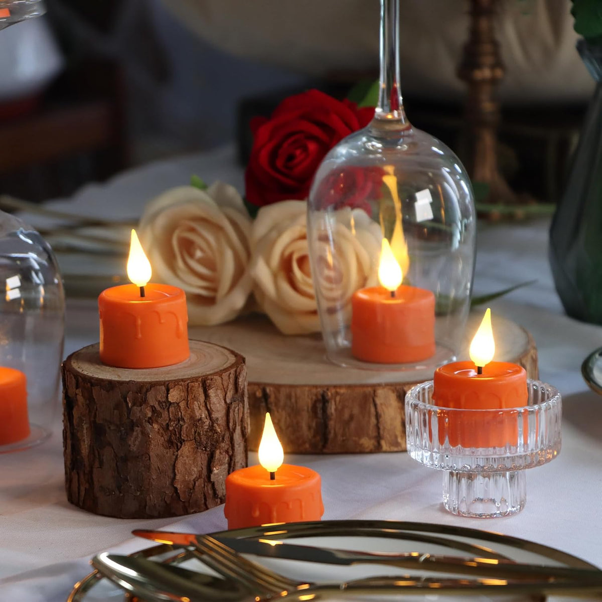 FREEPOWER Orange Halloween Candles,Rechargeable Flameless Candles with Remote Timer, Soft 3D Wick