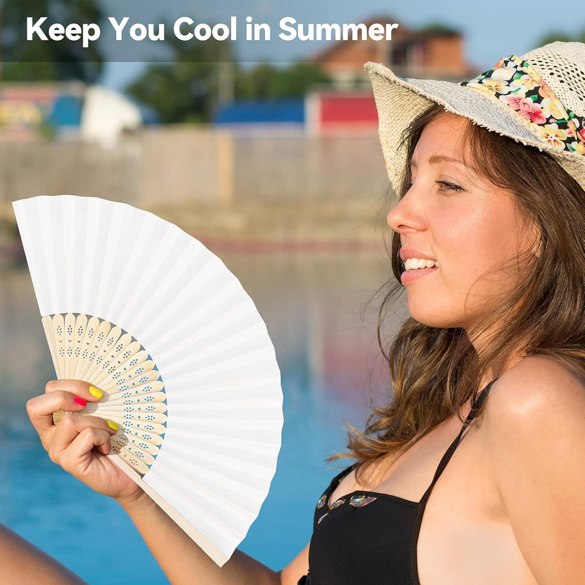 MCEAST 50 Pieces Silk Folding Fan with Bamboo Frames, Handheld Fan Folding Hand Fan Foldable Fan