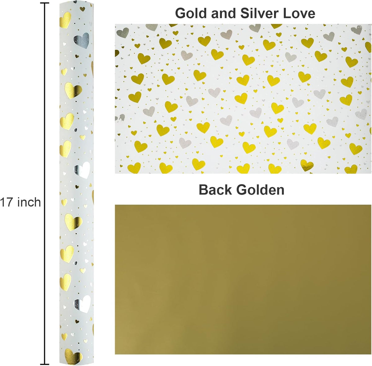 Burymento Gold Foil Heart Wrapping Paper, Reversible Gold Gift Wrap for Birthday, Valentines