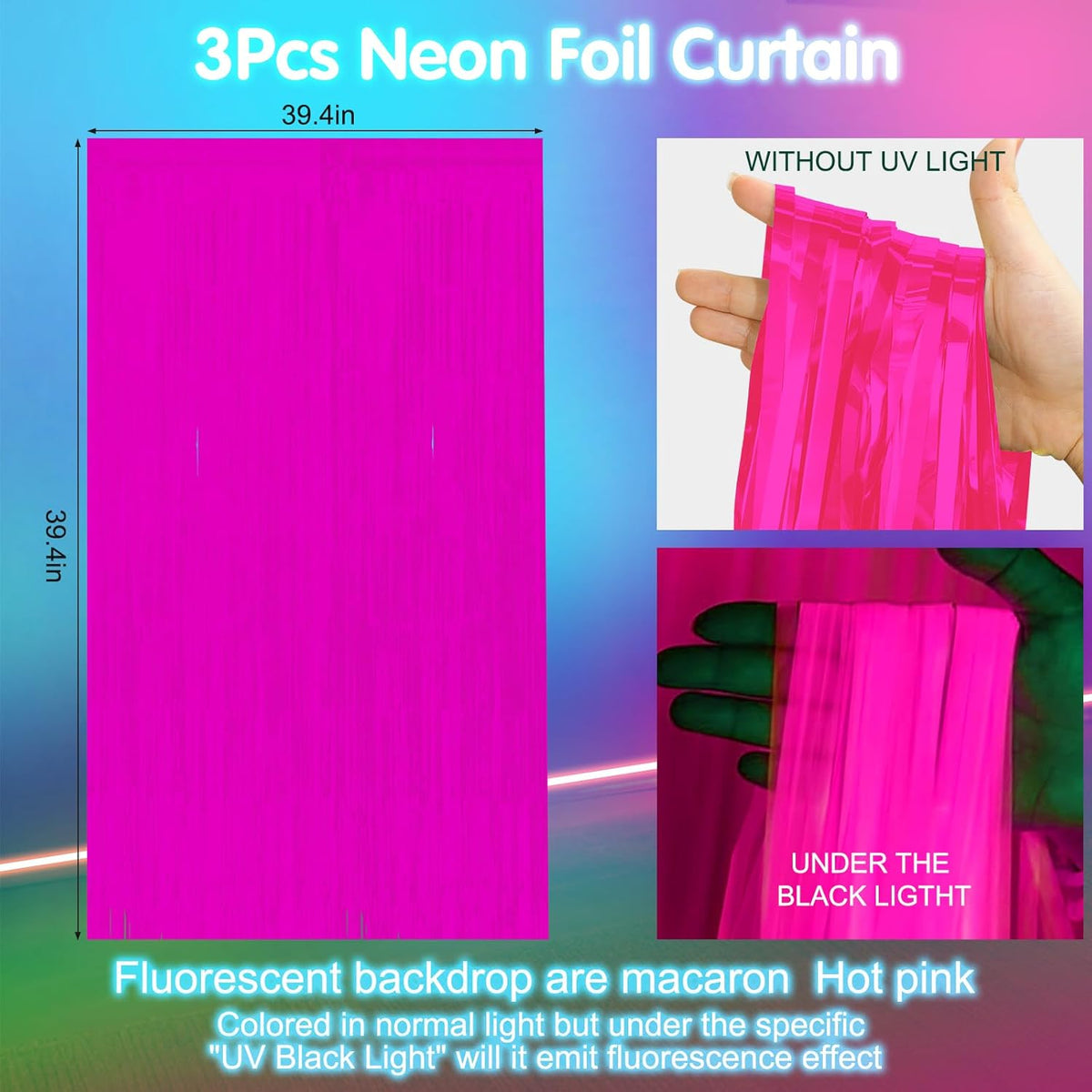3 Pack 3.3Ft x 6.6Ft Hot Pink Glow in The Dark Foil Fringe Curtain Backdrop Party Supplies